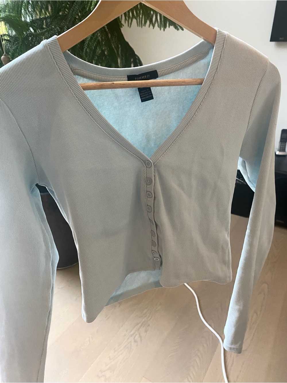Forever 21 Pale Blue Ribbed V-Neck Button-Up Long Sleeve Top